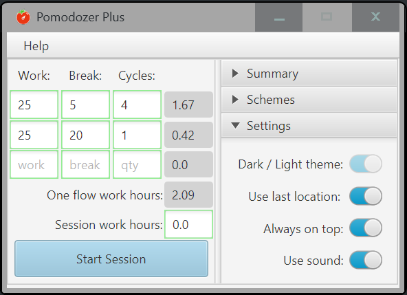 Pomodozer Plus v1.1 - settings