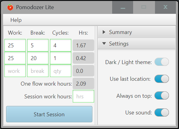 Pomodozer Lite v1.1 - settings