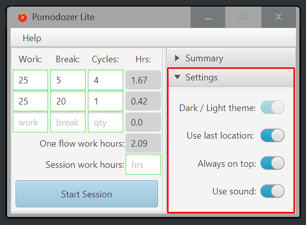pomodozer lite settings