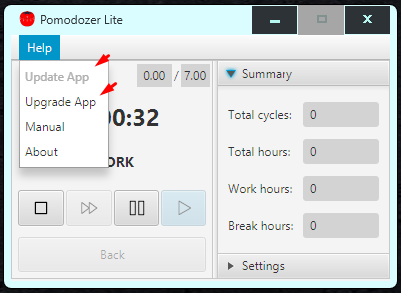 Pomodozer Lite v1.2 - Update menu item