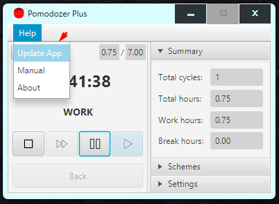 Pomodozer Plus v1.2 - Update menu item